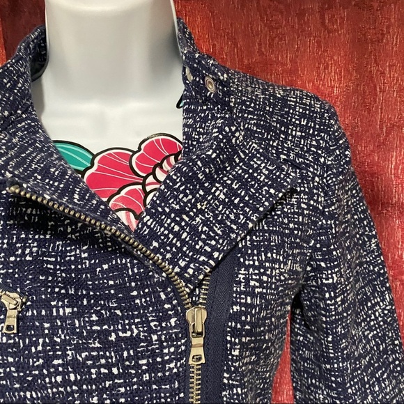 Gap Tweed Moto Navy Blue White Print Zipper Jacket - Picture 3 of 6